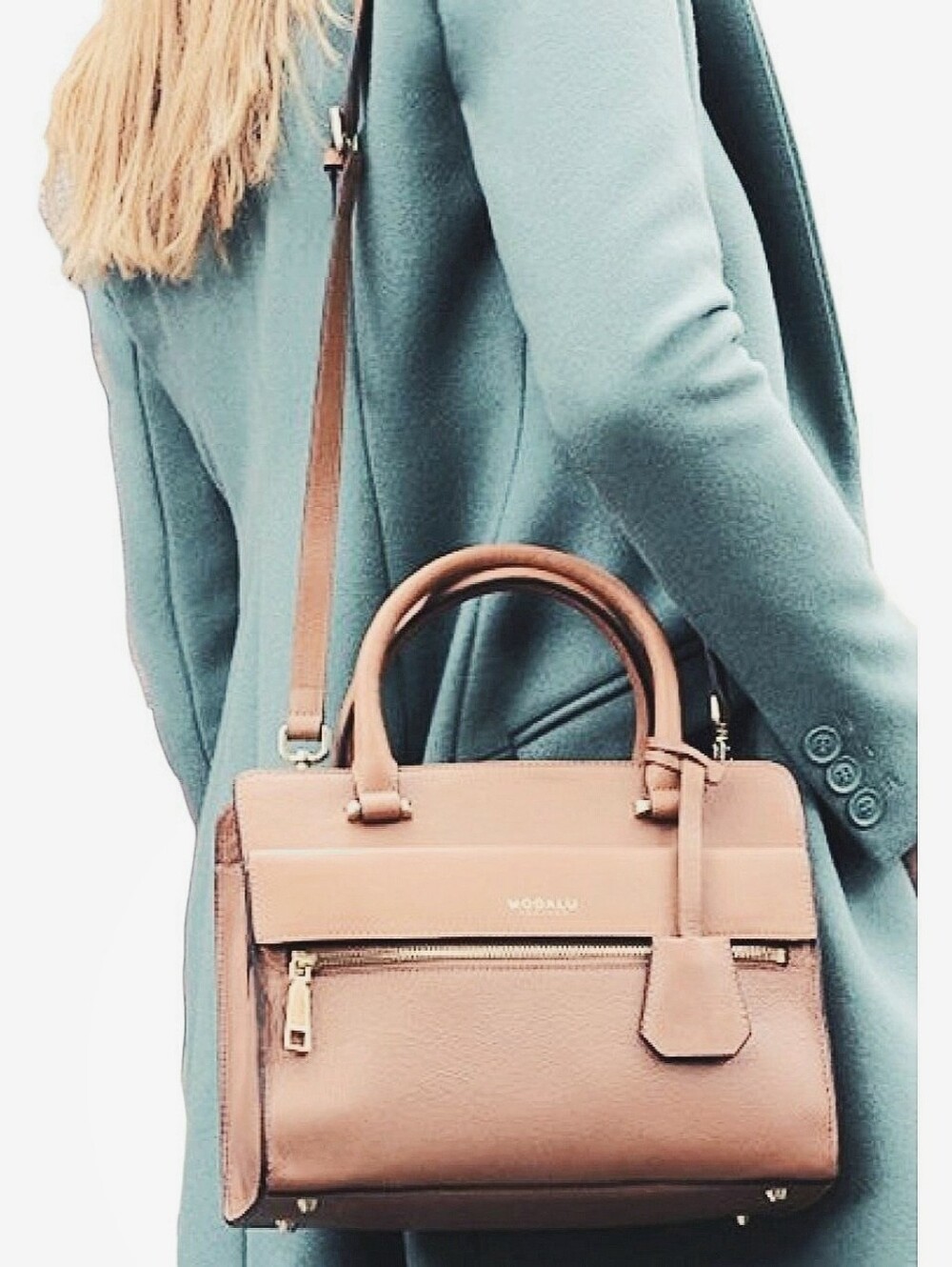 Modalu Mini Erin Tote Leather Bag Purse Light Beige Gold Metal Hardware